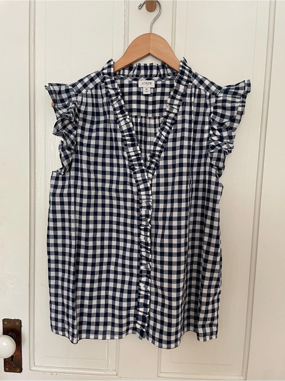 J. Crew Factory Navy and White Gingham Ruffle Cap Sleeve Top, sz M